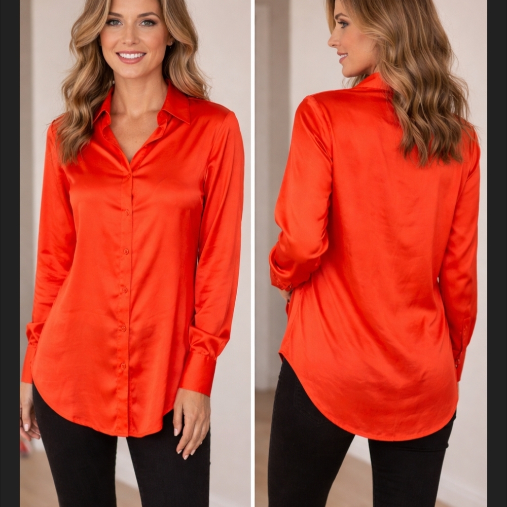 Elegant Red Satin Button Down Shirt